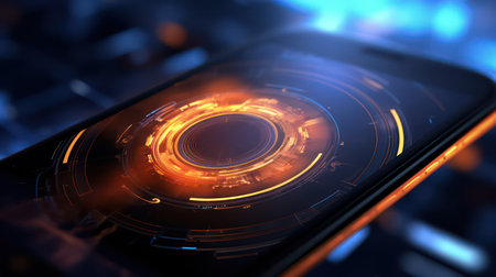 Futuristic smartphone with glowing HUD interface. Technology concept. 3D Rendering ai generatedの素材