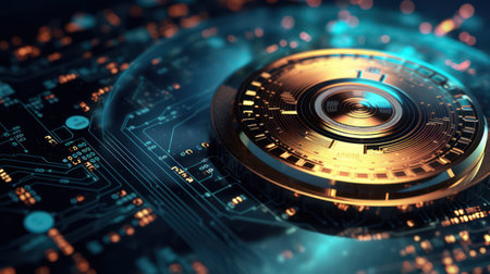 Cyber security concept. 3d illustration of safe on circuit board background ai generatedの素材