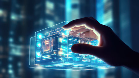 Businessman on blurred background touching holographic circuit board 3D renderingの素材