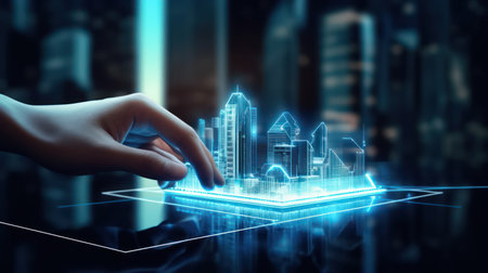 Hand touching digital smart city hologram on dark background 3D renderingの素材