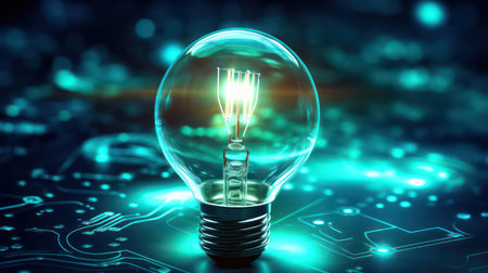 Glowing light bulb on blue circuit board background. 3D renderingの素材