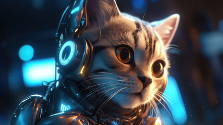 Funny cat with headphones. 3D rendering. Futuristic concept ai generatedの素材