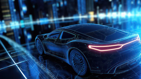 AI generated 3d image of a sports car with blue neon lights in the backgroundの素材
