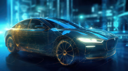 AI generated 3d image of a sport car in digital hologram style on blue backgroundの素材