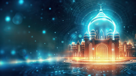 Abstract technology background with glowing mosque. Ramadan Kareem concept. AI generated 3d imageの素材