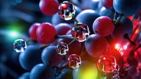 Close-up of water drops on grape berries. AI generated 3d imageの素材