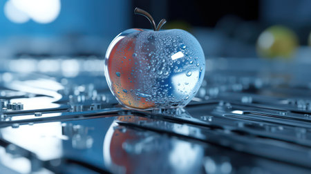 Apple with water drops on the keyboard. 3d ai generated. Selective focus.の素材