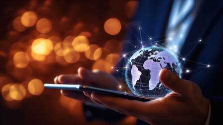 Businessman holding a mobile phone with a world map on the screen. AI generated 3d imageの素材