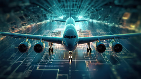 Airplane flying in the blue sky. AI generated 3D imageの素材
