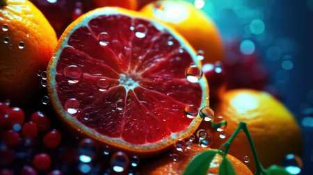 Oranges and pomegranate with water drops on dark background. AI generated 3D imageの素材