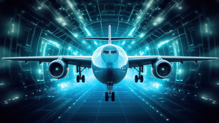 Airplane in abstract digital technology background. AI generated 3d imageの素材