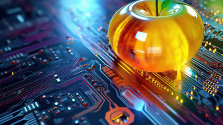 Close-up of an apple crystal ball on electronic circuit board. AI generated 3d imageの素材