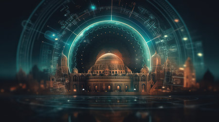 Futuristic mosque cityscape with glowing planet hologram. AI generated 3D imageの素材
