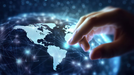 Businessman on blurred background touching world map with his finger. AI generated 3D imageの素材