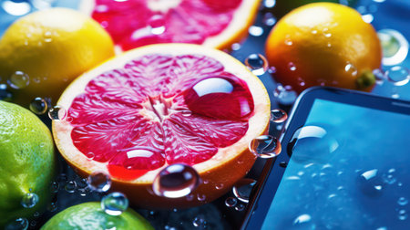 Citrus fruits with water drops and smartphone. AI generated 3D imageの素材