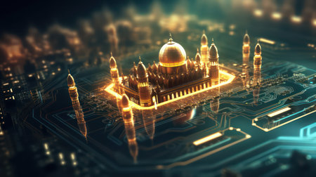AI generated 3d image of mosque with golden ornament on circuit board background.の素材