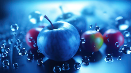 Fresh apples and water drops on blue background. 3d AI generated image.の素材