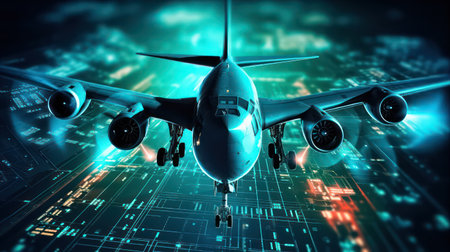 Airplane in abstract technology background. 3d AI generated imageの素材