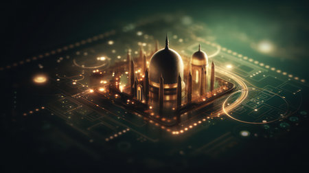 3d AI generated image of a mosque on a digital circuit board background.の素材
