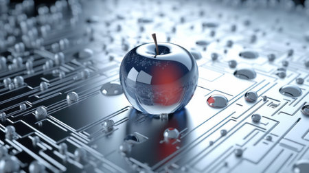 AI generated 3D image of a transparent glass apple with a circuit board background.の素材
