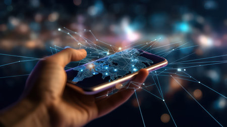 View of a Businessman holding a smartphone with a global network connection - 3d AI generated imageの素材