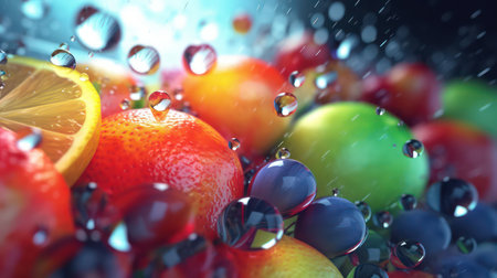 Fruit background with water drops. 3d rendering, 3d illustration.の素材