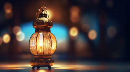 Ramadan Kareem background with Arabic lanterns and bokeh lights. 3d AI generated imageの素材