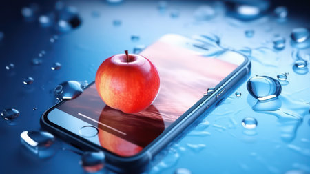 Apple on smart phone with water drops on blue background. 3d AI generated imageの素材