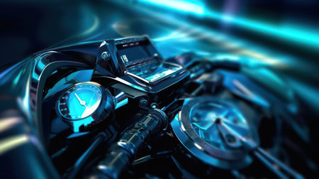3D rendering of a motorcycle engine with the abstract light background. 3d AI generated imageの素材