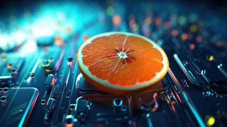 Orange fruit on microcircuit board. 3d render illustration.の素材
