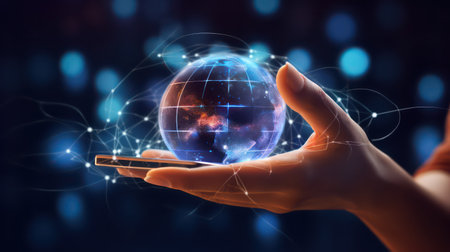 View of a Businessman holding a 3d rendering earth globe with network connectionの素材