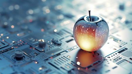 Close-up of an apple on a circuit board. 3d renderingの素材