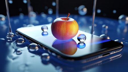 Apple and water drops on a smart phone. 3d illustration.の素材