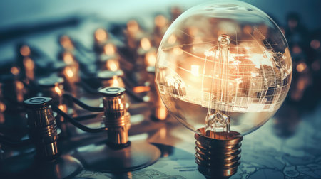Glowing light bulb and world map over dark background. Global business concept. 3D Renderingの素材