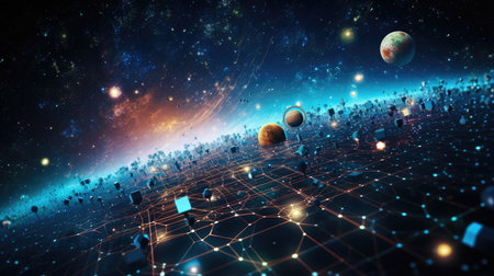 Futuristic space background with planets and stars. 3D renderingの素材