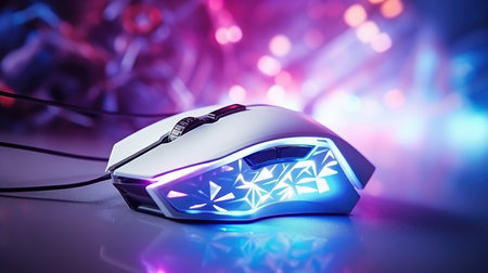 Close-up of a gaming mouse with led lights in the backgroundの素材