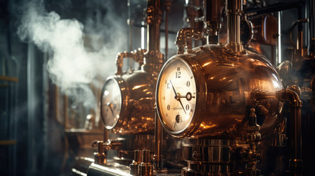 Vintage distillery interior with clock, pipes, machinery and steamの素材