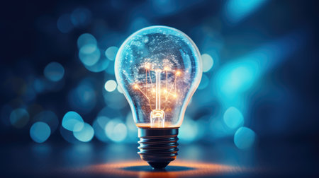 Glowing light bulb on blue bokeh background. 3D renderingの素材