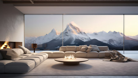 Modern bright interiors 3D rendering illustration. Living room with fireplace