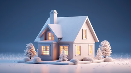 3d rendering of a house in winter with trees and snowflakesの写真素材