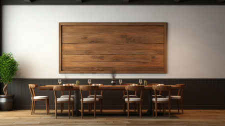 Interior of modern cafe with wooden walls, wooden floor and long wooden tables with chairs. 3d renderingの写真素材