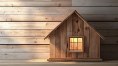 Wooden toy house with window on wood wall background. Real estate conceptの写真素材