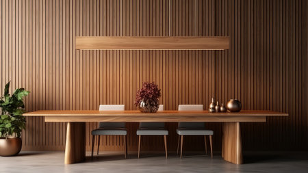 Interior of living room with wooden walls, concrete floor, comfortable wooden desk with laptop...