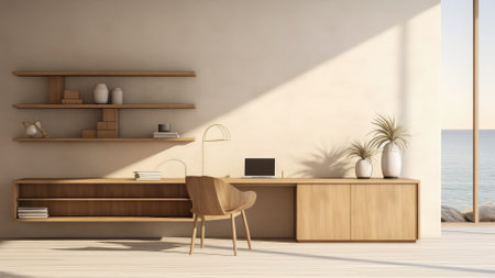 Interior of modern living room with beige walls, wooden floor, wooden bookcase with books and...
