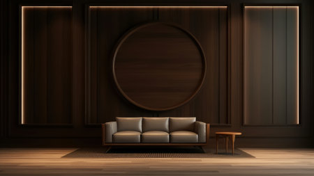Illustration of a wooden room with a sofa and a round mirrorの写真素材