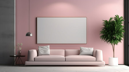 Pink living room with a pink sofa and a vertical poster - renderingの写真素材