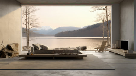 3d rendering of a modern bedroom with a view of the lake