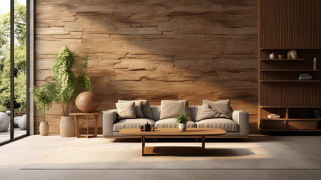 Interior of modern living room with wooden wall, 3d render