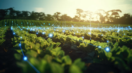 Smart farm with digital network connection on the field. Technology and agriculture concept.の素材