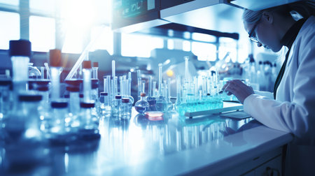 scientist woman working with test tube in laboratory, science research and development conceptの素材